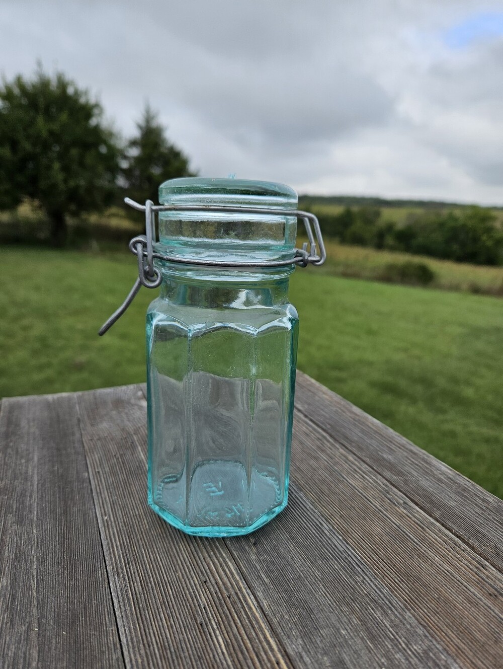 Pier 1 Imports Aqua Glass Canister Jar Octagonal Wire Bail Latch Farmhouse